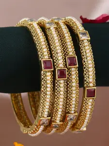 Adwitiya Collection Set Of 4 24CT Gold-Plated White & Red Stone-Studded Pearl Embellished Handcrafted Bangles