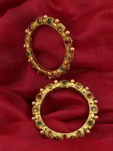 Adwitiya Collection Set of 2 24 CT Gold-Plated Red & White Stone-Studded & Pear Beaded Handcrafted Bangles