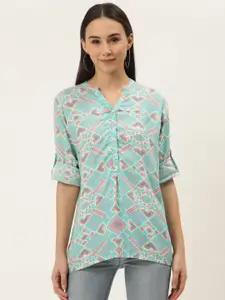 ZIZO By Namrata Bajaj Women Turquoise Blue Liva Printed Shirt Style Top
