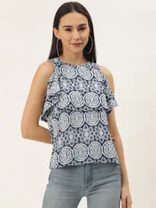 ZIZO By Namrata Bajaj Women Navy Blue & White Floral Printed Stretchable Top