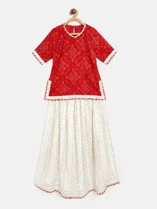 Readiprint Fashions White & Red Bandhani Print Ready to Wear Lehenga with Blouse