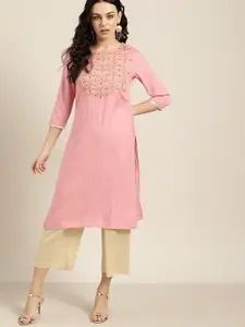 all about you Pink & Golden Ethnic Motifs Embroidered Kurta