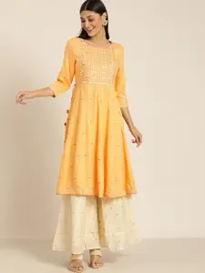 all about you Women Yellow Embroidered A-Line Kurta