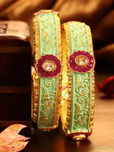 Rubans Set of 2 22CT Gold-Plated Green & Pink Handcrafted Kundan Studded Bangles