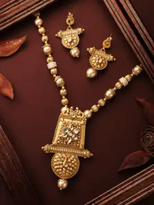 Rubans 24K Gold Plated Beige & White Kundan & Pearls Studded Beaded Filigree Handcrafted Necklace Set