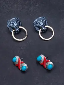 Golden Peacock Set of 2 Silver-Toned & Black Contemporary Studs