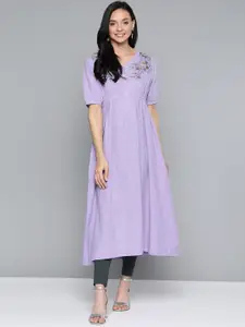 HERE&NOW Women Lavender Yoke Design Pure Cotton A-Line Kurta