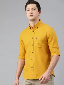 U.S. Polo Assn. Men Mustard Yellow Tailored Fit Self-Striped Casual Shirt