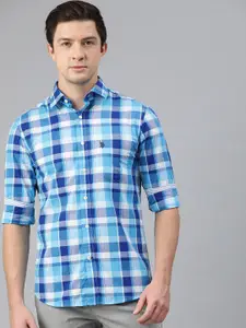 U.S. Polo Assn. Men Blue & White Tailored Fit Checked Casual Shirt