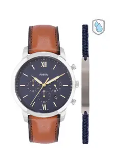 Fossil Men Brown & Navy Blue Analogue Leather Watch FS5708SET