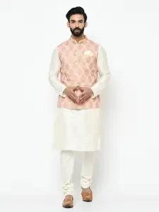 KISAH Men White Solid Kurta Jacket Set