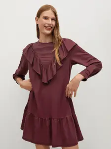 MANGO Women Maroon Solid A-Line Dress