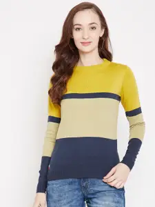 JUMP USA Women Mustard Yellow & Navy-Blue Colourblocked Acrylic Pullover Sweater