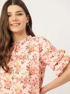 DressBerry Peach-coloured & Green Floral Printed Keyhole Neck Flared Sleeves Regular Top