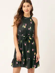 DressBerry Women Black & Yellow Quirky Printed Fit and Flare Dress