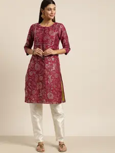all about you Women Maroon & Gold-Coloured Floral Printed Straight Kurta