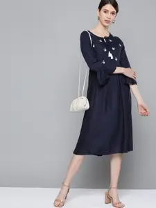 Chemistry Women Navy Blue & White Embroidered A-Line Dress