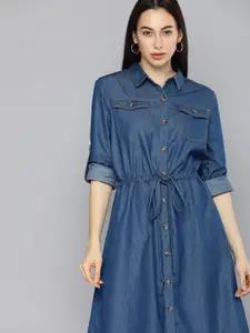 Chemistry Women Blue Solid Chambray Fit and Flare Dress