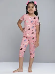 YK Girls Pink & Black Pure Cotton Quirky Printed Night Suit