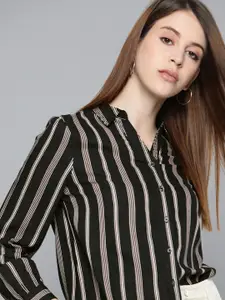 Chemistry Women Black & White Regular Fit Striped Casual Shirt