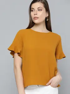 Chemistry Women Mustard Yellow Solid Top with Ruffled Sleeves