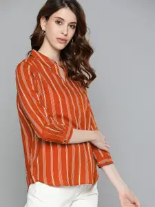 Chemistry Rust Orange & Off White Striped Shirt Style Top