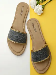 Vishudh Women Grey Woven Design Open Toe Flats