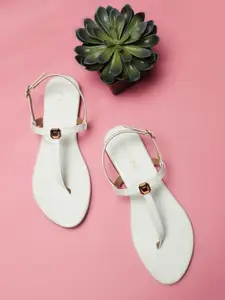 Vishudh Women White Solid T-Strap Flats