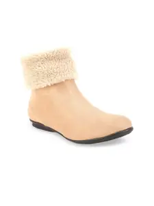 Bruno Manetti Women Beige Solid Suede Mid-Top Flat Boots