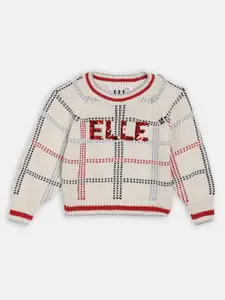 ELLE Girls Beige & Red Checked Pullover Sweater