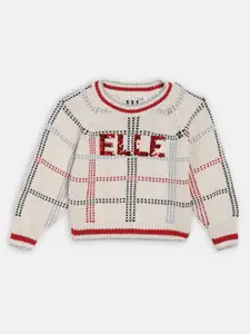 ELLE Girls Beige & Red Checked Pullover Sweater