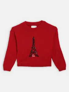 ELLE Girls Red & Black Embroidered Acrylic Pullover Sweater