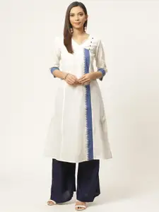 ZIZO By Namrata Bajaj Women White & Blue Pure Cotton Solid A-Line Kurta