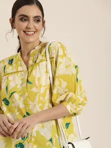 all about you Yellow & Off White Floral Print Mandarin Collar Puff Sleeve Cotton Top