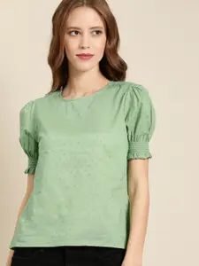 all about you Women Green Embroidered Pure Cotton Top