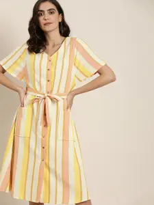 all about you Women Off-White & Peach-Coloured Striped A-Line Dress