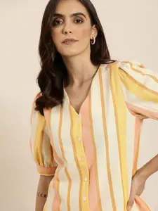 all about you Women Beige & Yellow Regular Fit Striped Casual Shirt