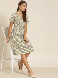 all about you Women Multicoloured Striped A-Line Dress with Waist Tie-Ups