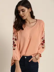 all about you Coral Pink Regular Top With Embroidery