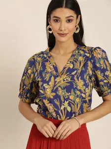 All About You Blue & Yellow Floral Printed Puff Sleeves Regular Top