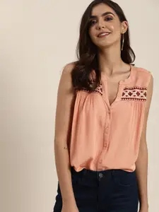 all about you Coral Pink Embroidered Mandarin Collar Regular Top