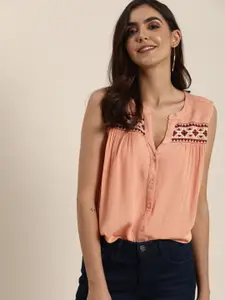 all about you Coral Pink Embroidered Mandarin Collar Regular Top