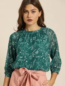 all about you Women Green & White Floral Printed Regular Top