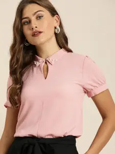 all about you Pink Shirt Collar Top with Beads Embellishment