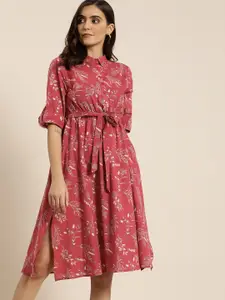 all about you Women Rust Pink & Off White Floral Printed Belted Shirt Dress