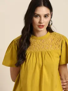 all about you Women Mustard Yellow Solid Pure Cotton Top With Lace Detail