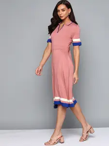 Chemistry Dusty Pink Solid Polo Collar A-Line Dress