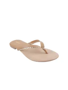 Mochi Women Beige Embellished Open Toe Flats