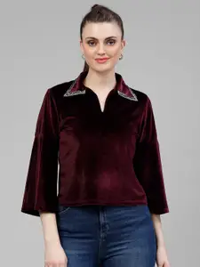 KASSUALLY Women Burgundy Studded Collar Velvet Top