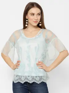 HOUSE OF KKARMA Women Turquoise Blue Embroidered Top